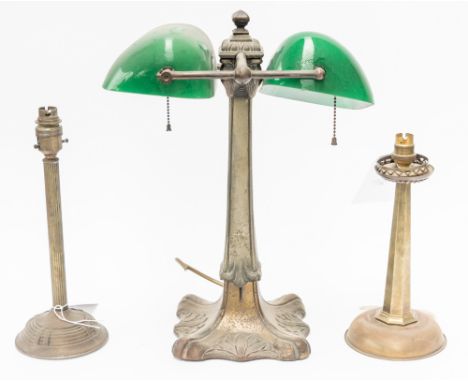 THREE PLATED METAL TABLE LAMPS INCLUDING A DESK LAMP WITH ACANTHUS LEAF CAST WEIGHTED BASE WITH DOUBLE GREEN GLASS SHADES (3)