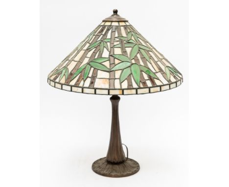 A LARGE TIFFANY STYLE LAMP SHADE AND LAMP BASEEarly 20th Century Decorated with a bamboo pattern, 50cm diamCondition report: 