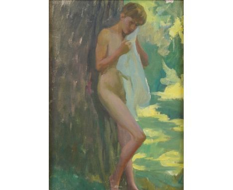 MANNER OF HENRY SCOTT TUKE (2)Young male nude in woodland oil on canvas 39 x 28cm together with Male nude in an interior, pen