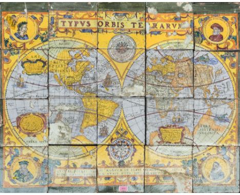 `TYPUS ORBIS TERRARUM': A CONTINENTAL POTTERY RECTANGULAR TILE PANEL (20)Probably 19th century After an original map of the w