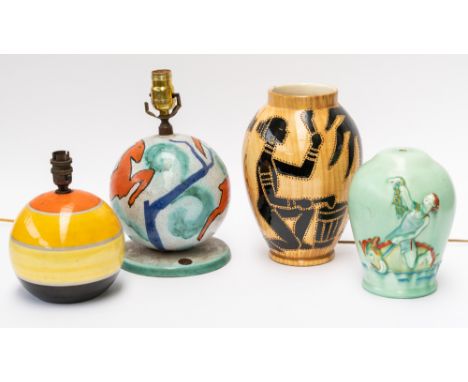 FOUR CERAMIC TABLE LAMP BASES INCLUDING A CLARICE CLIFF EXAMPLE (4)The first of baluster form with relief cast figure riding 