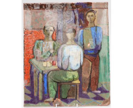 VIRGILIO BARRI (B.1928): AN ITALIAN ENAMEL PANEL ON COPPER OF CARD PLAYERSCirca 1960s Signed to the back with label,  32cm wi