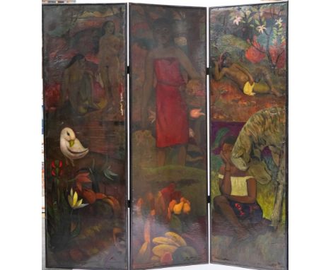 AFTER PAUL GAUGUIN: A CANVAS THREE FOLD SCREENEarly 20th Century  Decorated on both sides over a painted base on textured pan