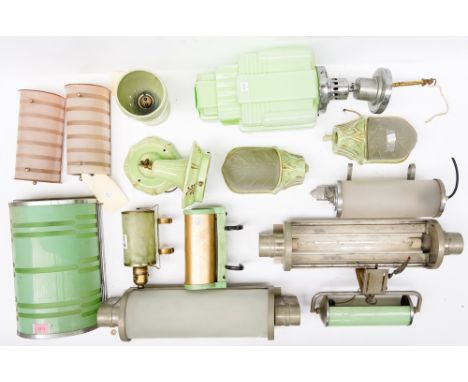 A GROUP OF LIGHTING INCLUDING A GREEN OPAQUE GLASS AND CHROME-PLATED PENDANT LIGHT (14)55cm high; Together with a green and e