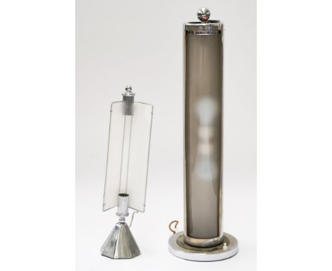 A CHROME-PLATED AND FROSTED GLASS COLUMN TABLE LAMP (2)Possibly Italian and circa 1960s With ball finial and weighted base, 6