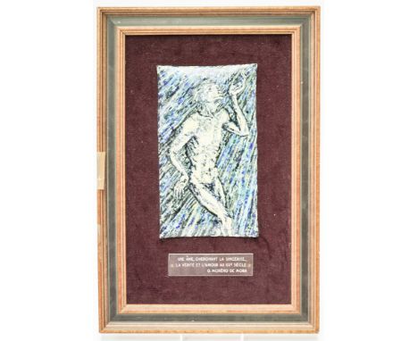 AN ENAMEL PLAQUE DEPICTING A FIGURE ENTITLED ‘A SOUL, LOOKING FOR SINCERITY, TRUTH AND LOVE IN THE TWENTIETH CENTURY’With ‘G.
