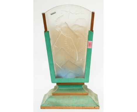 AN ART DECO GREEN PAINTED METAL LAMPWith frosted glass plaques depicting a stag, 31cm wide x 55cm high