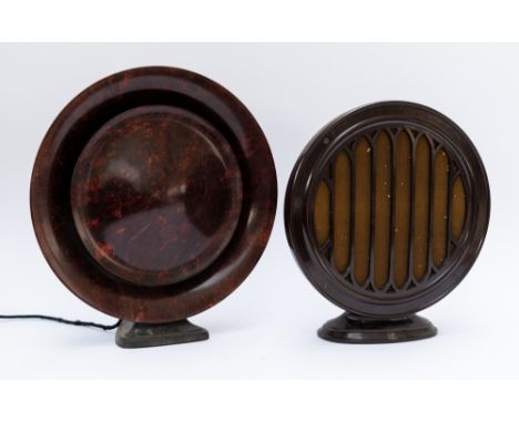 PHILIPS: A MID 20TH CENTURY RED MARBLED BAKELITE CIRCULAR SPEAKER (2)40cm diameter, together with a similar brown bakelite sp