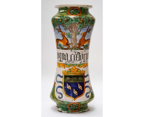 A LARGE MAIOLICA APOTHECARY DISPLAY ALBARELLO20th century The waisted body inscribed `Aqua Caelorum' above a crest and beneat