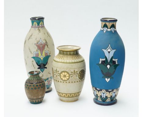 FOUR AMPHORA WARE EARTHENWARE VASES (4)1920's Comprising two tall similar slender vases, incised and enamelled with Egyptian 