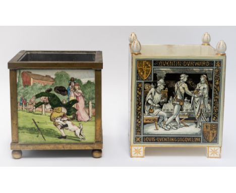 AN ENGLISH TILE PLANTER AND A MINTONS PLANTER (2)Late 19th century The first with brass frame inset with four tiles painted w