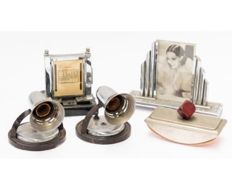 AN ART DECO CHROME PLATED PHOTOGRAPH FRAME, A PERPETUAL DESK CALENDAR AND A PAIR OF WALL LIGHTS (5)The frame with glass sheet