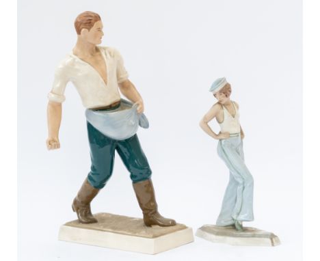 A ROYAL DUX CERAMIC FIGURE OF A MAN SOWING GRAIN (2)39cm high and another Royal Dux figure of a sailor girl