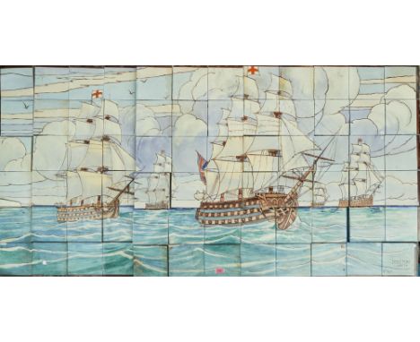 WILLIAM ROWE FOR DOULTON LAMBETH: A LARGE FAIENCE RECTANGULAR TILE PANELCirca 1910 Comprising of seventy two tiles painted wi