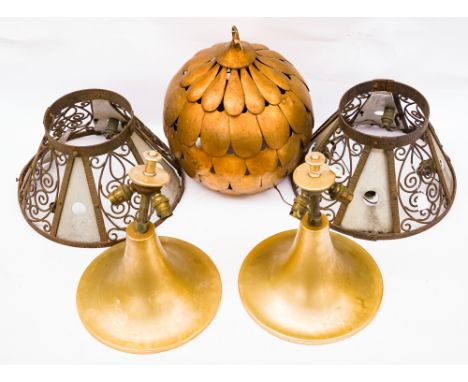 A GILT-METAL FLOWER SHAPED LAMP SHADE AND TWO PAIRS OF SHADES (5)Designed as overlapping petals, 36cm high; Together with a p