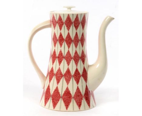 AN UNUSUAL NORTH STAFFORDSHIRE TECHNICAL COLLEGE DECORATED EARTHENWARE COFFEE POT AND COVER, DATED 1959, SPONGED PUCE DIAMOND