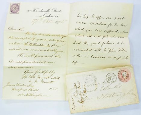 A VICTORIAN HANDWRITTEN RECEIPT FOR A CHEQUE FOR £1910 12S 6D, IN RESPECT OF STOCK PURCHASED, 29 THREADNEEDLE STREET LONDON, 