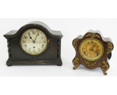 AN ANSONIA CLOCK CO 'LOUIS XV' FAUX WOOD PAINTED CAST IRON MANTEL CLOCK, WITH GILT DIAL, 24CM H, LATE 19TH C AND AN OAK MANTE