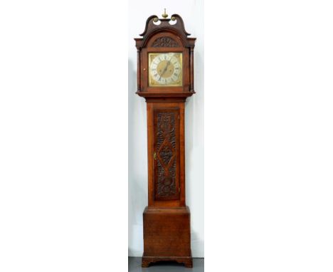 A 19TH C STAINED AND CARVED OAK EIGHT DAY LONGCASE CLOCK WITH BRASS DIAL, 215CM H