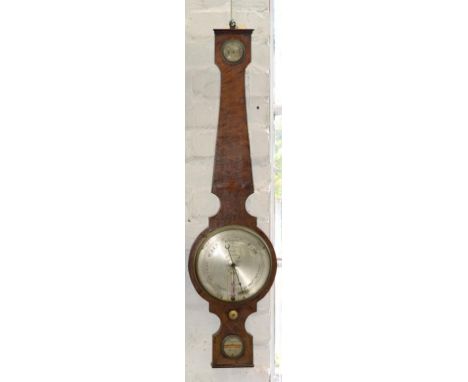 A VICTORIAN POLLARD OAK BAROMETER, THE SIDES OF MAHOGANY, WITH SILVERED DIAL, INSCRIBED BREGAZZI DERBY