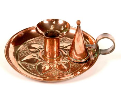 KESWICK SCHOOL OF INDUSTRIAL ARTS.  A COPPER REPOUSSE CHAMBER CANDLESTICK AND EXTINGUISHER, C1900, 14CM DIAM,  HANDLE STAMPED