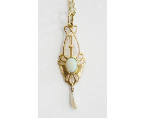 BY B. H. JOSEPH AND CO. AN ART NOUVEAU OPAL, BAROQUE PEARL AND GOLD OPENWORK PENDANT, C1905, 42MM, MAKER'S MARK AND 9CT, ON L