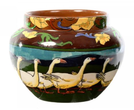 FREDERIC RHEAD. A WILEMAN AND CO FOLEY INTARSIO WARE GEESE BOWL, C1895, 7CM H, PRINTED MARKS, PATTERN 3235++Good condition, n