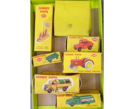 SEVEN BOXED DINKY DIECAST TOYS - VEHICLES AND ACCESSORIES, TO INCLUDE CASTROL TANKER 441, REFUSE WAGON 52, MERSEY TUNNEL POLI