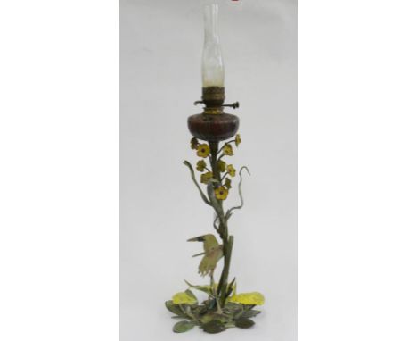A VICTORIAN NATURALISTIC POLYCHROME PAINTED SHEET METAL OIL LAMP, POSSIBLY BY EDWARD J SHAW AND CO WALSALL, WITH A CRANE AND 