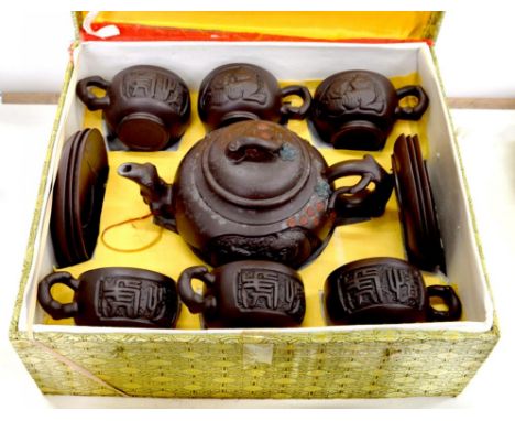 A CHINESE YIXING STONEWARE TEASET, TEAPOT AND COVER 12CM H, WOVEN SILK COVERED BOX 20TH C