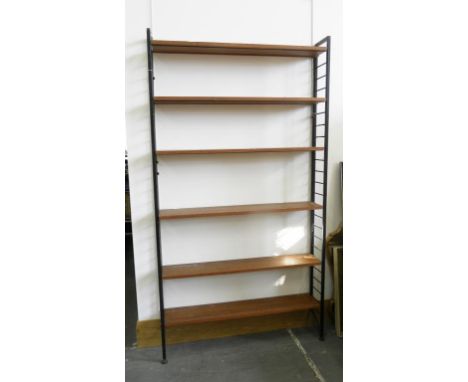 A 1970'S TEAK LADDER RACK SHELVING UNIT, CONSISTING OF SIX SHELVES, 200CM H X 105CM W