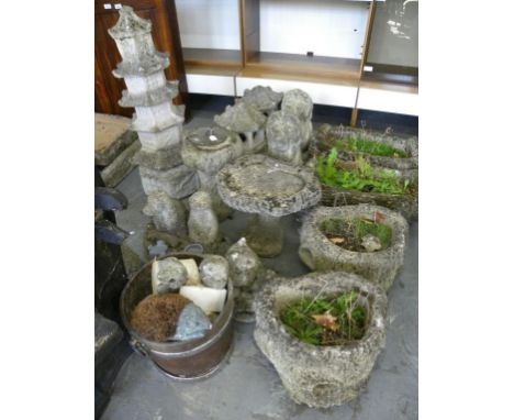 VARIOUS RECONSTITUTED STONE GARDEN ORNAMENTS, INCLUDING BIRD BATH, SUNDIAL, PAGODAS, ETC 