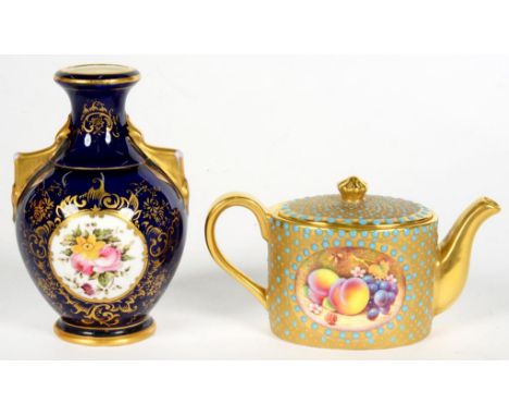 AN ENGLISH PORCELAIN GILT GROUND AND JEWELLED MINIATURE OVAL TEAPOT AND COVER, PAINTED TO EITHER SIDE BY P. PLATT, SIGNED, WI