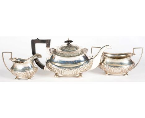 A VICTORIAN GADROONED OBLONG SILVER TEA SERVICE, TEAPOT 14CM H, BIRMINGHAM 1894 AND 1895, 37OZS 10DWTS 