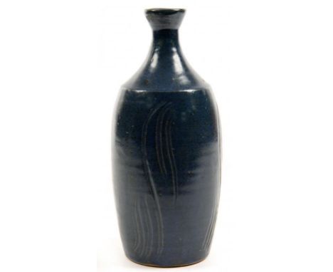 ELIZABETH GALE. A BLUE GLAZED STONEWARE TABLE LAMP, C1990 WITH INCISED LINES, 27CM H, IMPRESSED SEALS++Good condition 