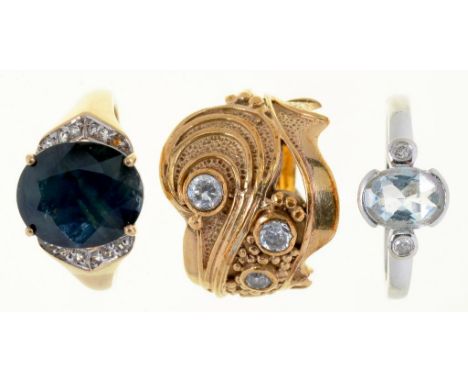 THREE GEM SET 9CT GOLD RINGS, 14G, SIZES K 1/2, N, P++GOOD CONDITION