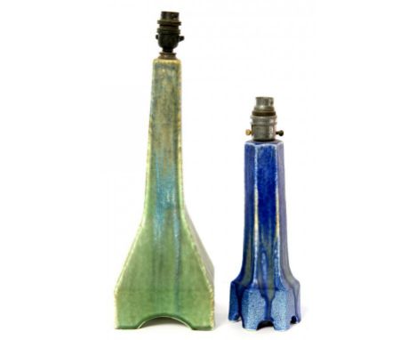 TWO RUSKIN POTTERY TABLE LAMPS, C1930 AND C1932, MOULDED HEXAGONAL OR SQUARE, STREAKY MOTTLED BLUE OR BLUE AND GREEN GLAZES, 