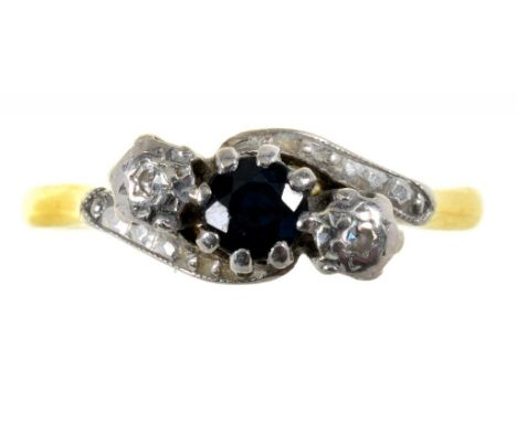 A SAPPHIRE AND DIAMOND RING IN 18CT GOLD, LONDON 1969, MARKED RONETTE RW CO, 2.7G, SIZE K 1/2++SLIGHT BUILD UP OF DIRT AND GR