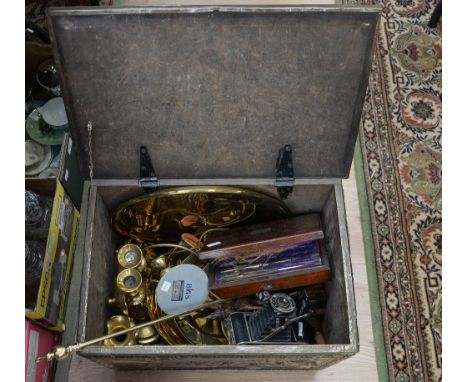 A brass slipper box containing assorted copper, brass and collectables, including incomplete Victorian weights and James Dixo