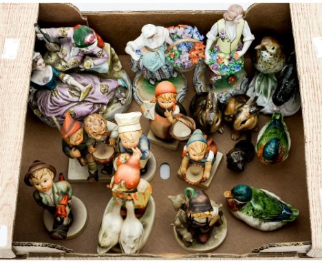 Seven Hummel figures, three Dresden figures, Doulton and Continental animals (16)