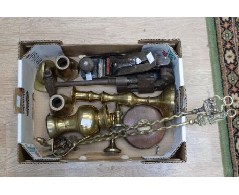 A box of brassware, and tools 