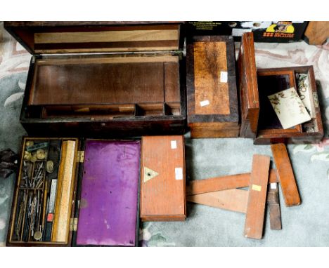 A 19th Century rosewood writing box, small mahogany writing slope, Georgian tea caddy (a/f), cased set of scales, cased drawi