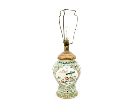 A Chinese Famille Verte vase, converted to a lamp, Kangxi period