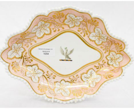 A 19th Century Worcester Flight Barr & Barr armorial dish, serpentine and lobed form, gilt border, dove of peace to the centr