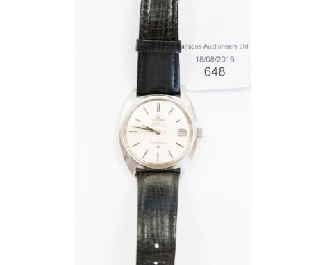 An Omega Constellation automatic chronometer, original buckle leather strap, cased, baton dial, date window, stainless steel 
