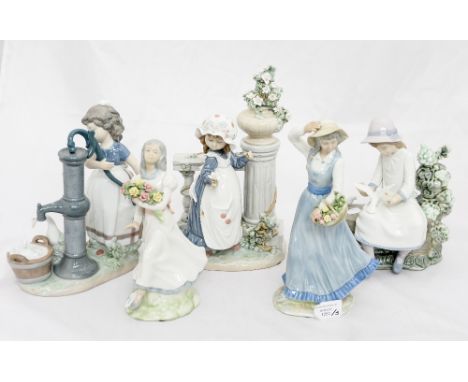 Two Lladro figures (one a/f), a Nao figure (a/f) and two similar style Continental figures (5)
