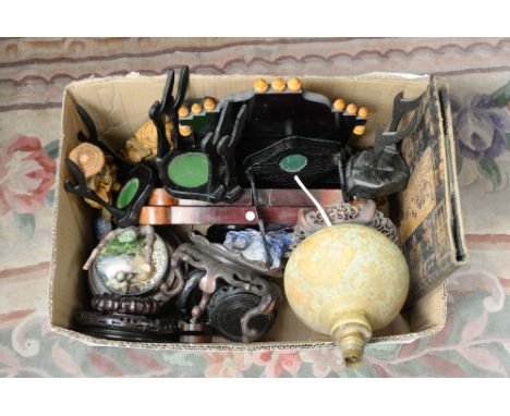 A collection of Chinese hardwood stands, resin figures, soapstone figure, interesting lamp etc (1 box)