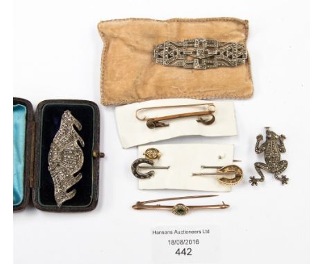 A cased Edwardian marcasite brooch, a similar frog brooch, Art Deco brooch and six Edwardian gold and other stick pins, bars 