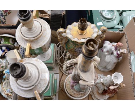 A pair of Vienna porcelain lamps, another Continental lamp and a Meissen style, Continental candlestick and figure group (6)