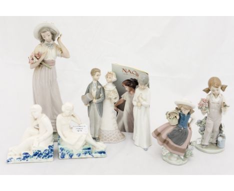 Three Lladro figures, with two Nao figures, and two further seated figures (7) 